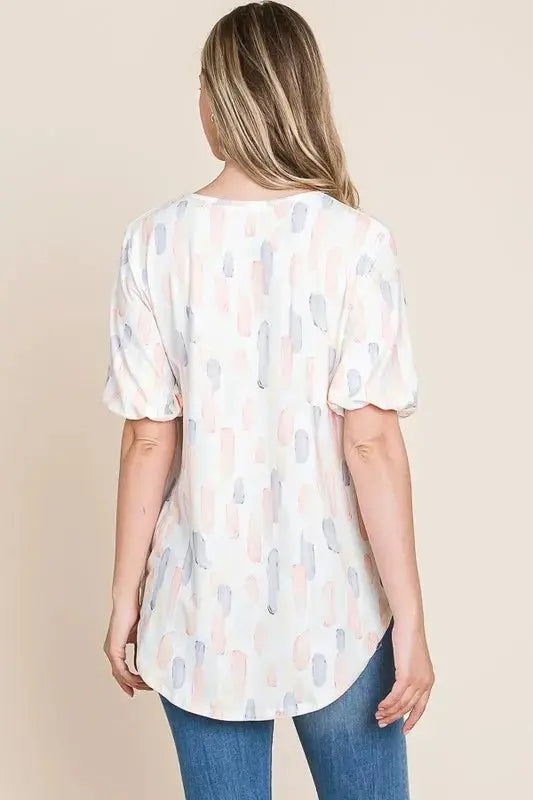 BOMBOM Round Neck Puff Short Sleeve Blouse for Women - Love Salve